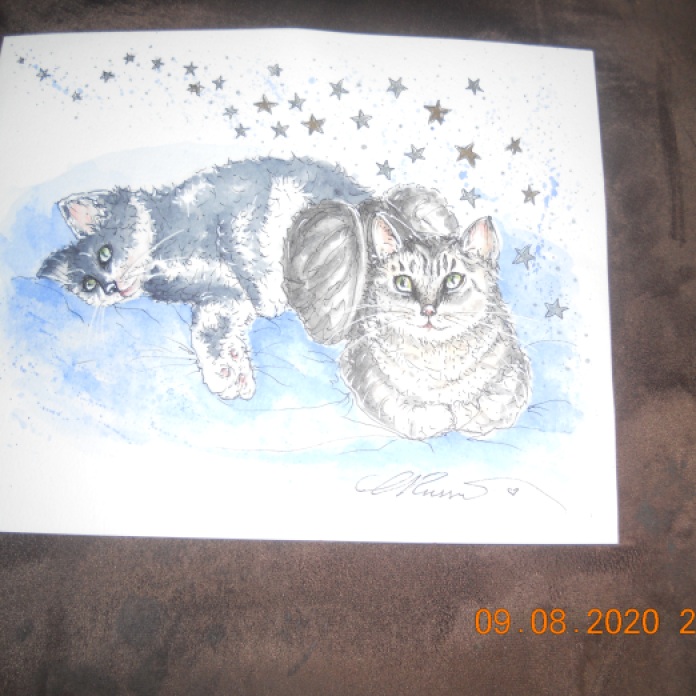 DAISY MAE IS THE CAT LYING DOWN ON THE BED AND TIGGER IS THE CAT ON THE BED LOOKING AT THE CAMERA. PICTURE IS DRAWN BY CAROLINA RUSSO.